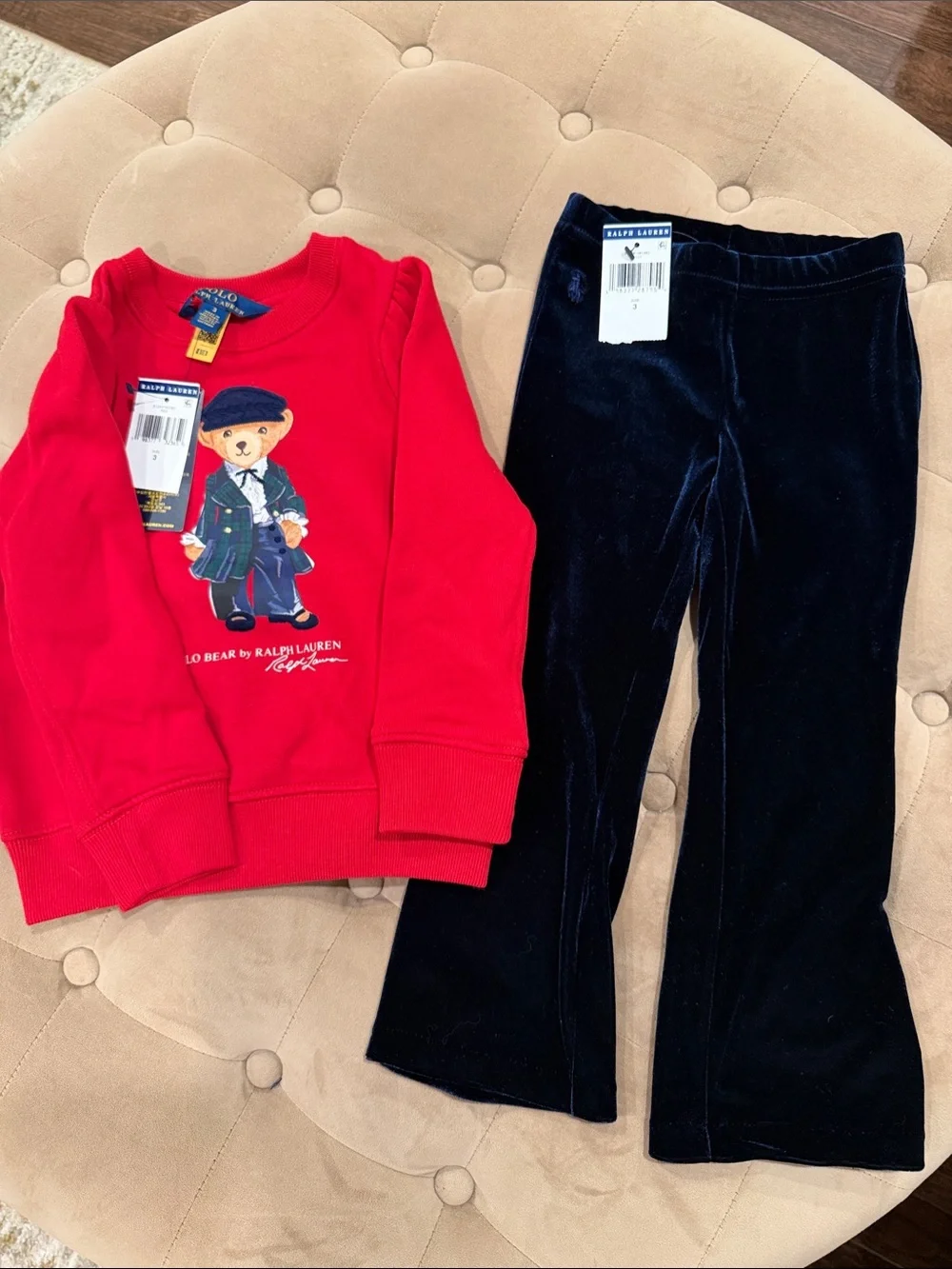 Ralph Lauren Red Bear Sweatshirt with Black Velvet Pants Kids Matching Set